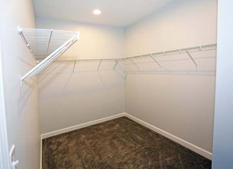 A walk-in closet with a carpeted floor and white shelving at Promenade at Founders Square Apartments in Indianapolis, IN