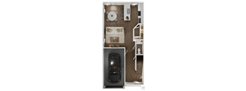 3-D rendering of the lower level of a 3-bedroom, 2.5-bathroom townhouse with garage at Turnberry Park Luxury Rental Homes in Gardendale, AL