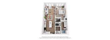 A 3D floor plan of a small apartment with a kitchen, living room, and bedroom.