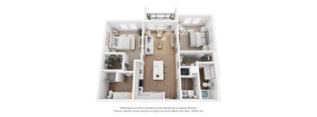 A floor plan of a house with a kitchen, living room, and two bedrooms.