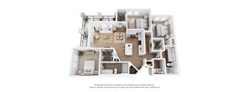 A 3D floor plan of a house with various rooms and furniture.