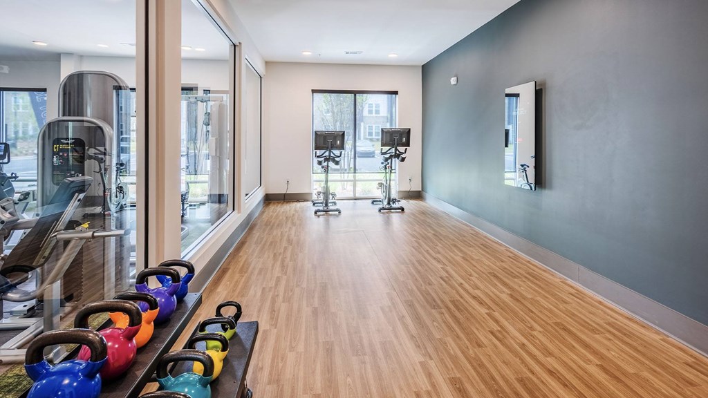 A gym with a row of kettlebells in the foreground.