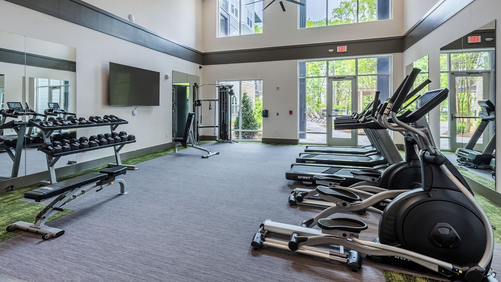 A gym with treadmills, elliptical machines, and a flat screen TV.