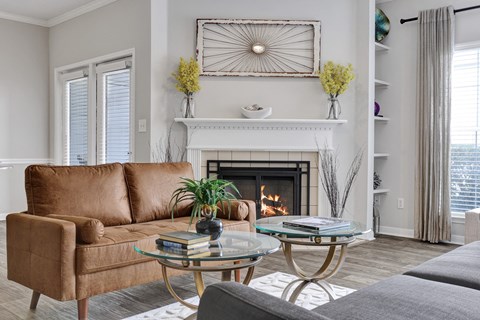 Living room with plank flooring and fireplace at Village at Caldwell Mill in Birmingham, AL