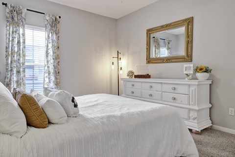 Bedroom with plush carpet and window at Village at Caldwell Mill Apartments in Birmingham, AL