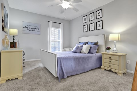 Bedroom with plush carpet and window at Village at Caldwell Mill Apartments in Birmingham, AL