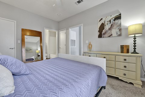 Bedroom with en-suite bathroom at Village at Caldwell Mill Apartments in Birmingham, AL