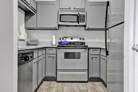 A remodeled kitchen with stainless steel appliances at Village at Caldwell Apartments in Birmingham, AL