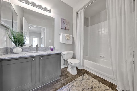 Bathroom with granite countertops and plank flooring at Village at Caldwell apartments in Birmingham, AL
