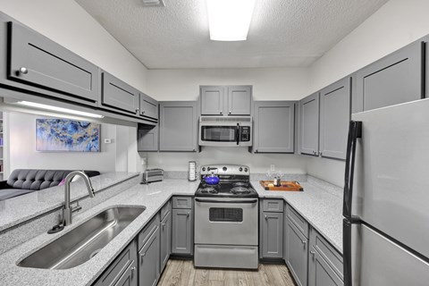 A remodeled kitchen with stainless steel appliances at Village at Caldwell Apartments in Birmingham, AL