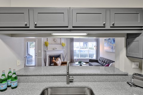 Kitchen with granite countertops and gooseneck faucet at Village at Caldwell Apartments in Birmingham, AL