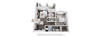 A 3D floor plan of a small apartment with a kitchen, living room, and bathroom.