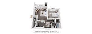 A 3D floor plan of a small apartment with a kitchen, living room, and bathroom.
