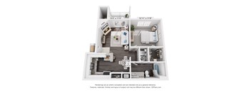 A floor plan of a small apartment with a kitchen, living room, and bathroom.