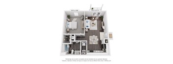 A 3D floor plan of a small apartment with a kitchen, living room, and bathroom.