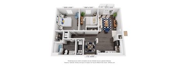 A 3D floor plan of a small apartment with a kitchen, living room, and bedroom.