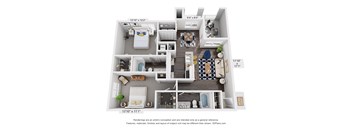 A 3D floor plan of a small apartment with a kitchen, living room, and bathroom.