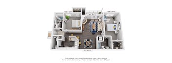 A 3D floor plan of a small apartment with a kitchen, living room, and bedroom.