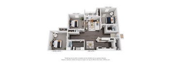 A 3D floor plan of a small apartment with a kitchen, living room, and two bedrooms.