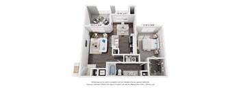 A floor plan of a two-bedroom apartment with a living room, kitchen, and bathroom.
