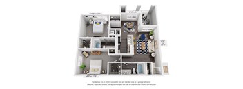 A 3D floor plan of a small apartment with a kitchen, living room, and bathroom.