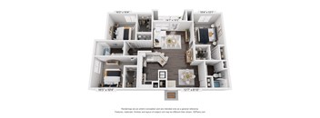 A 3D floor plan of a house with labeled rooms and dimensions.