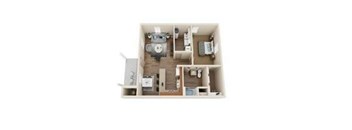 A dollhouse with a grey bear in the middle of the living room.