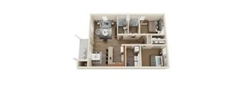 A dollhouse with a bedroom, living room, and kitchen.