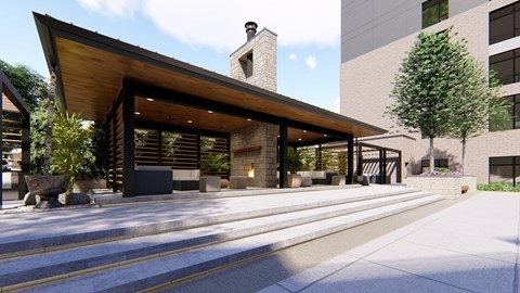 Poolside fireplace lounge at Zen City Center Troy, MI