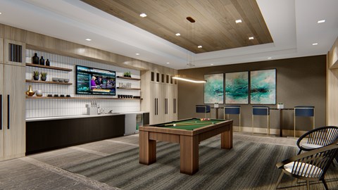 Resident lounge and game room with pool table at Zen City Center Troy, MI
