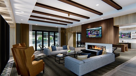 A modern living room with a fireplace and a television.