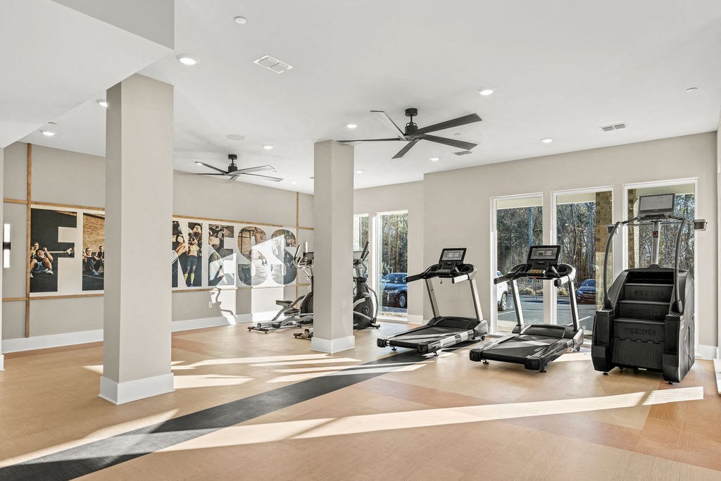 the gym in the home is organized with treadmills and other exercise equipment