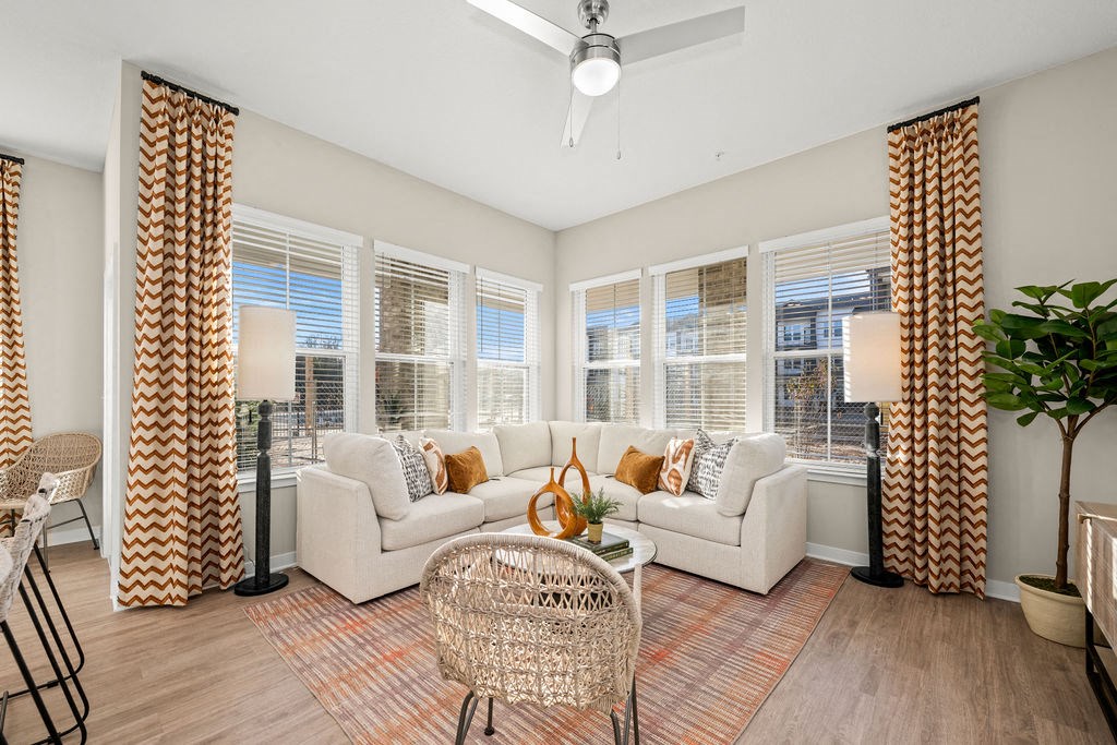 a living room with a couch and a table