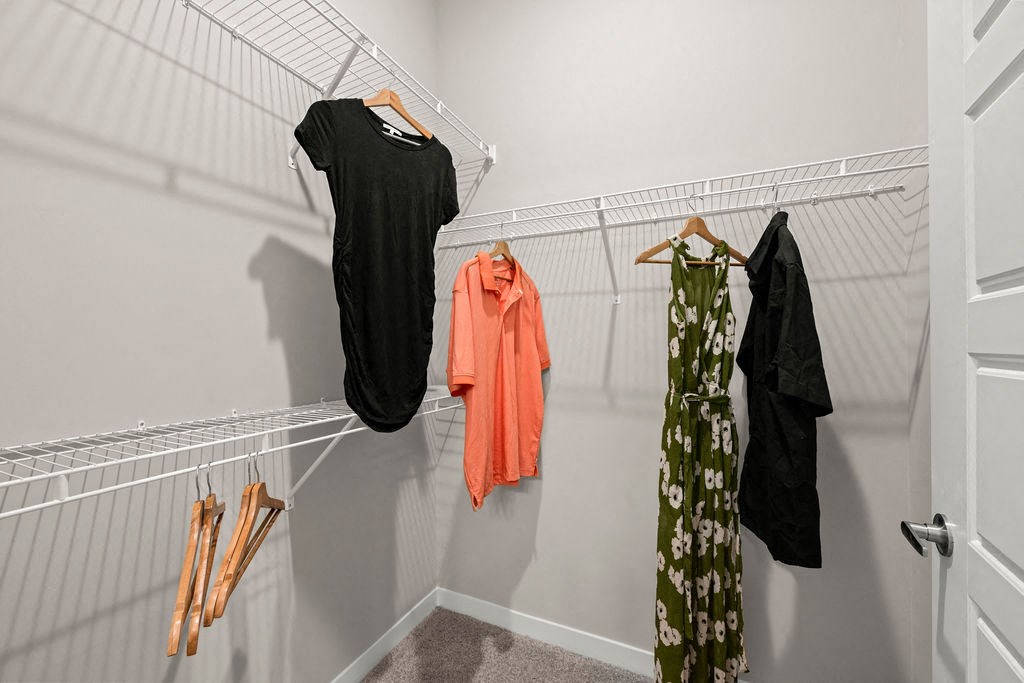 a closet with clothes hanging on a rack and a door