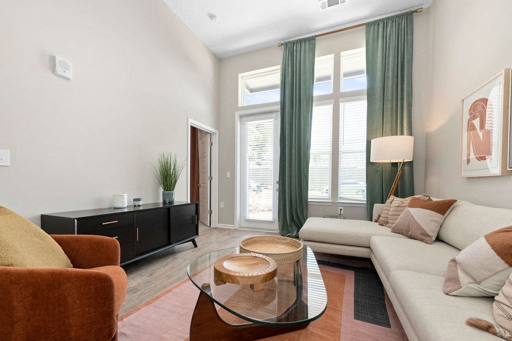 a living room with a couch and a coffee table