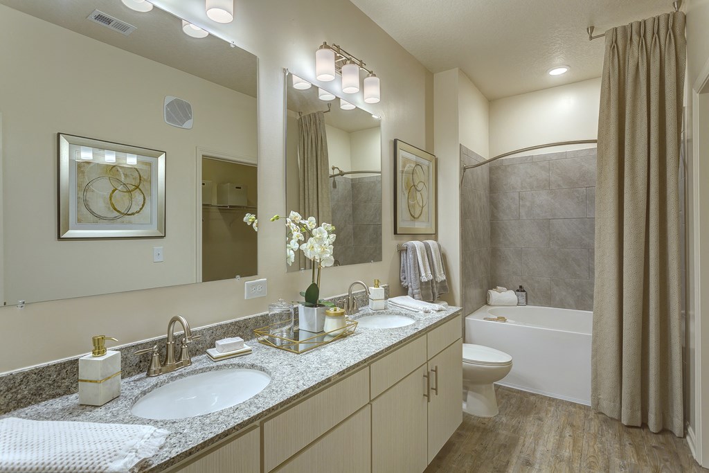 a bathroom with two sinks and a shower and a toilet