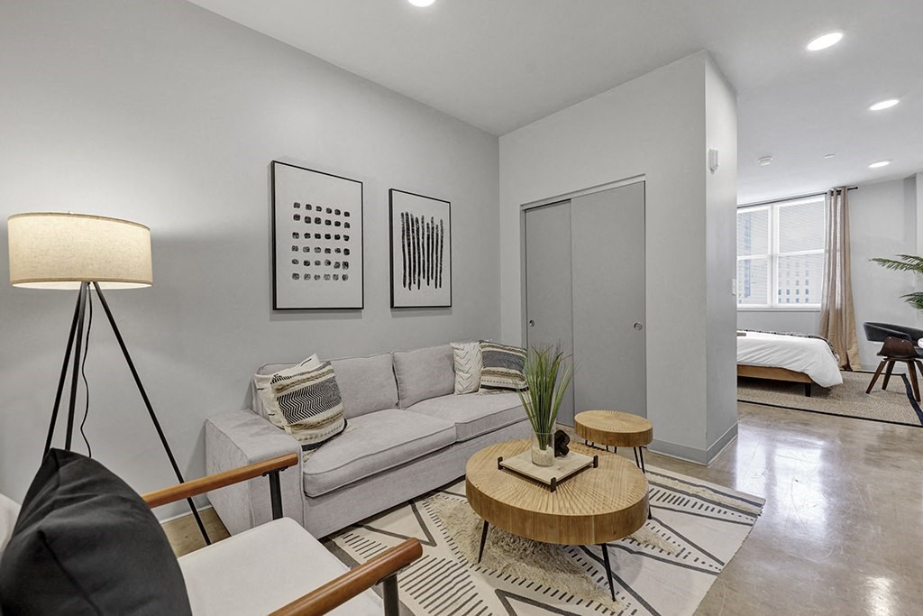 a living room with a couch and a coffee table