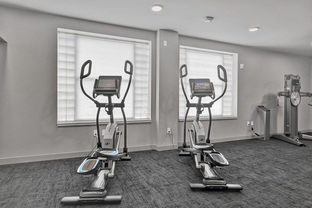 a gym with exercise machines and two windows