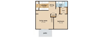 A floor plan of a small apartment with a kitchen, bath, and bedroom.