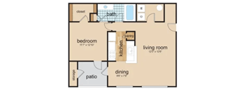 A floor plan of a house with a bedroom, living room, kitchen, dining area, patio, and bathroom.