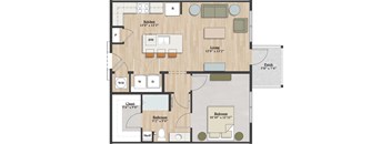 A floor plan of a house with a kitchen, living room, two bedrooms, a bathroom, and a closet.