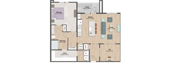 A floor plan of a house with a bedroom, bathroom, kitchen, living room, and closets.