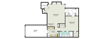 A floor plan of a house with a living room, dining room, kitchen, and garage.