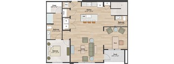 A floor plan of a house with a kitchen, living room, and bathrooms.
