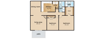 A floor plan of a house with a dining room, kitchen, living area, two bedrooms, a utility room, and a patio.