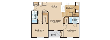 A floor plan of a house with a living room, dining area, kitchen, two bedrooms, a bathroom, and a pantry.