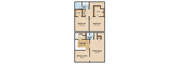 A floor plan of a two bedroom apartment with a living area and a dining room.