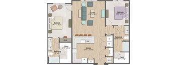 A floor plan of a house with a living room, kitchen, two bedrooms, two bathrooms, a closet, and a desk.