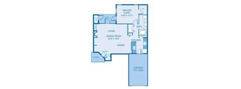 A blueprint of a house layout with a Master Suite, Grand Room, Kitchen, Dining area, and Garage.