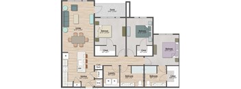 A floor plan of a house with a living room, two bedrooms, a kitchen, a laundry room, and a porch.